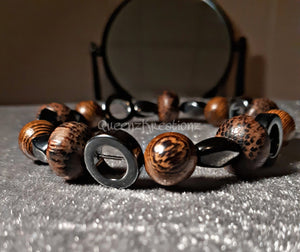 Hematite & wood bead mens bracelet